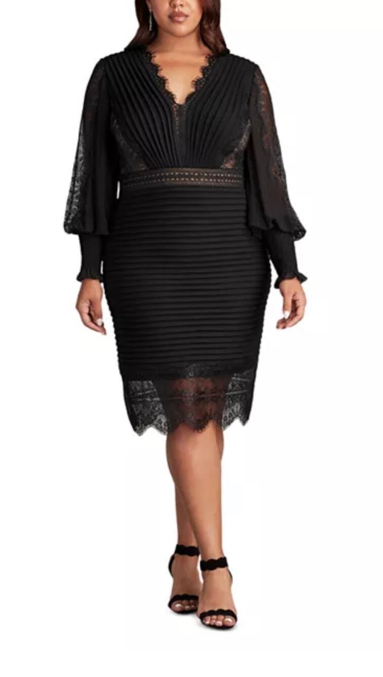 TADASHI SHOJI Plus / Bishop Sleeve Dress  V-neck lace plated women’s sz 16